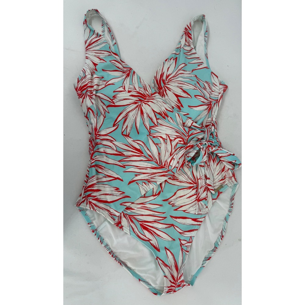 Vince Camuto Womens One Piece Swimsuit Blue Red Tropical Palm Leaf Wrap Sz 14